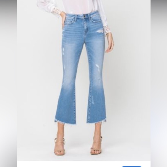 Flying Monkey Crop Kick Flare Distressed Flare Leg Denim With Side Slits - Picture 1 of 10